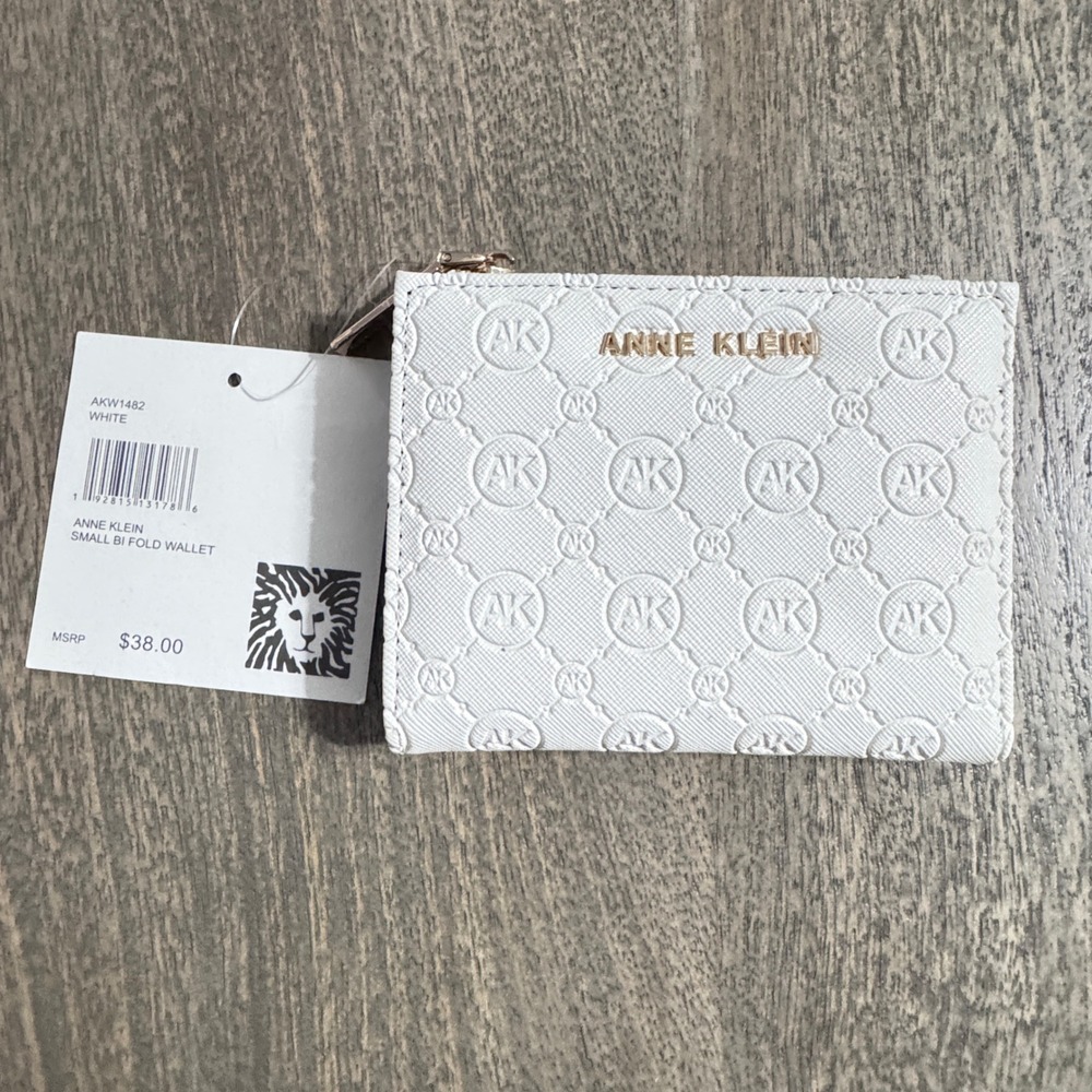 Anne Klein White Embossed Logo Small Bifold Wallet AKW1482 Gold Tone Hardware